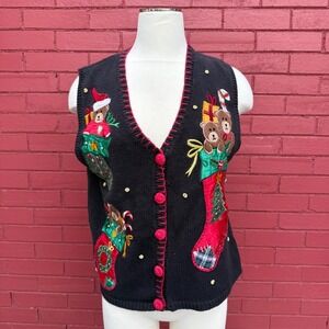 Vintage Nutcracker Ugly Christmas Sweater Vest Teddy Bear Holiday Knit Medium